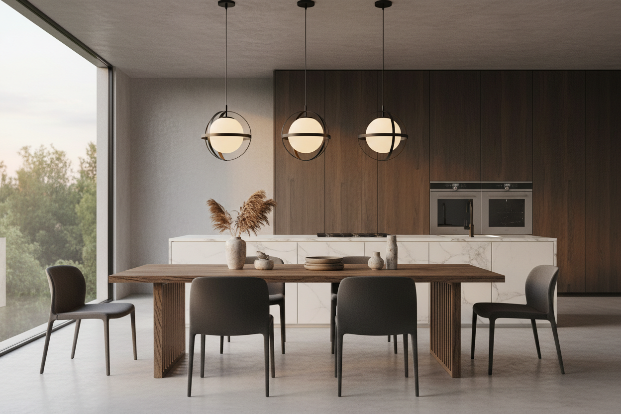 Decorative Pendant Lights
“Chic kitchen or dining area with decorative pendant lights hanging over a wooden table, warm lighting, modern interior, high-resolution, realistic style”