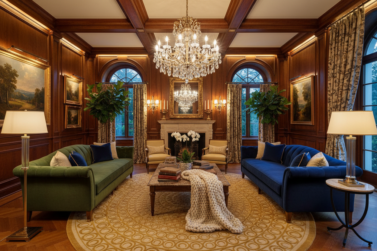 Luxury Chandeliers
“Elegant living room with a crystal chandelier, ambient lighting, luxurious interior decor, warm and inviting atmosphere, high-resolution, realistic photography style”