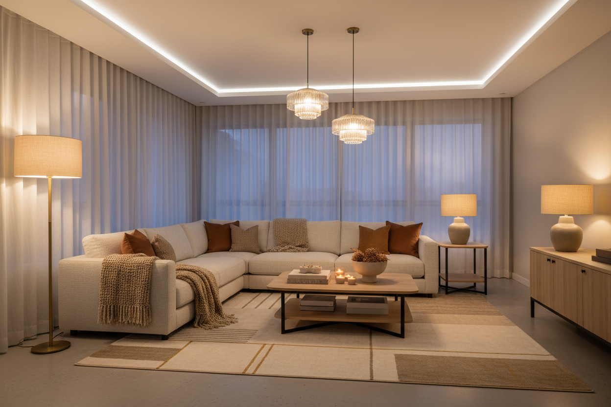 Modern Living Room Lighting
“A cozy modern living room with warm ambient lighting, stylish floor lamp, pendant lights, and 