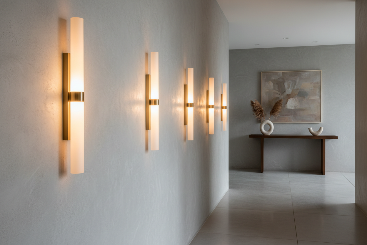 Wall Sconce Decor
“Modern wall sconce lighting in a stylish hallway, soft warm glow, contemporary interior design, high-quality, realistic image