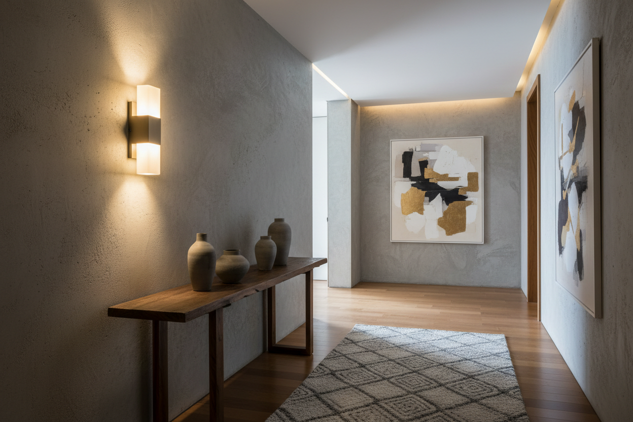 Wall Sconce Decor
“Modern wall sconce lighting in a stylish hallway, soft warm glow, contemporary interior design, high-quality, realistic image